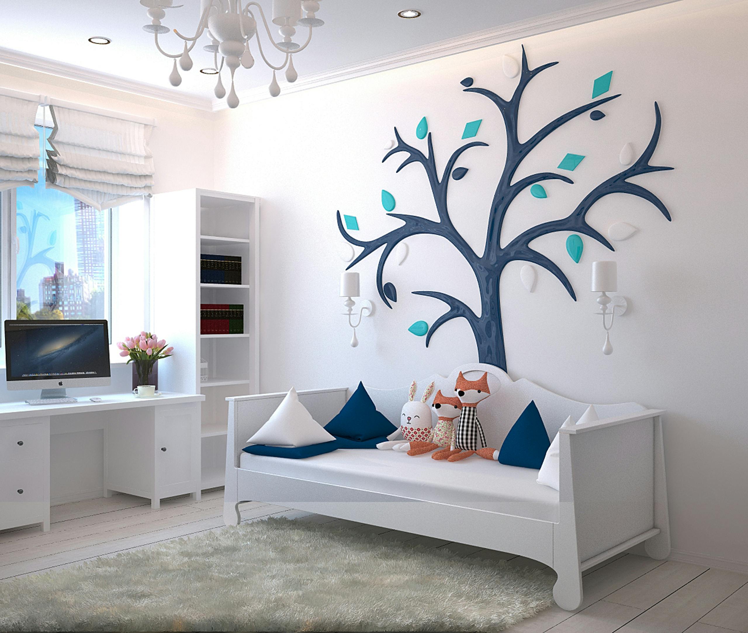 Prototipo dos A stylish children's room with a modern design featuring a tree wall art and plush toys.