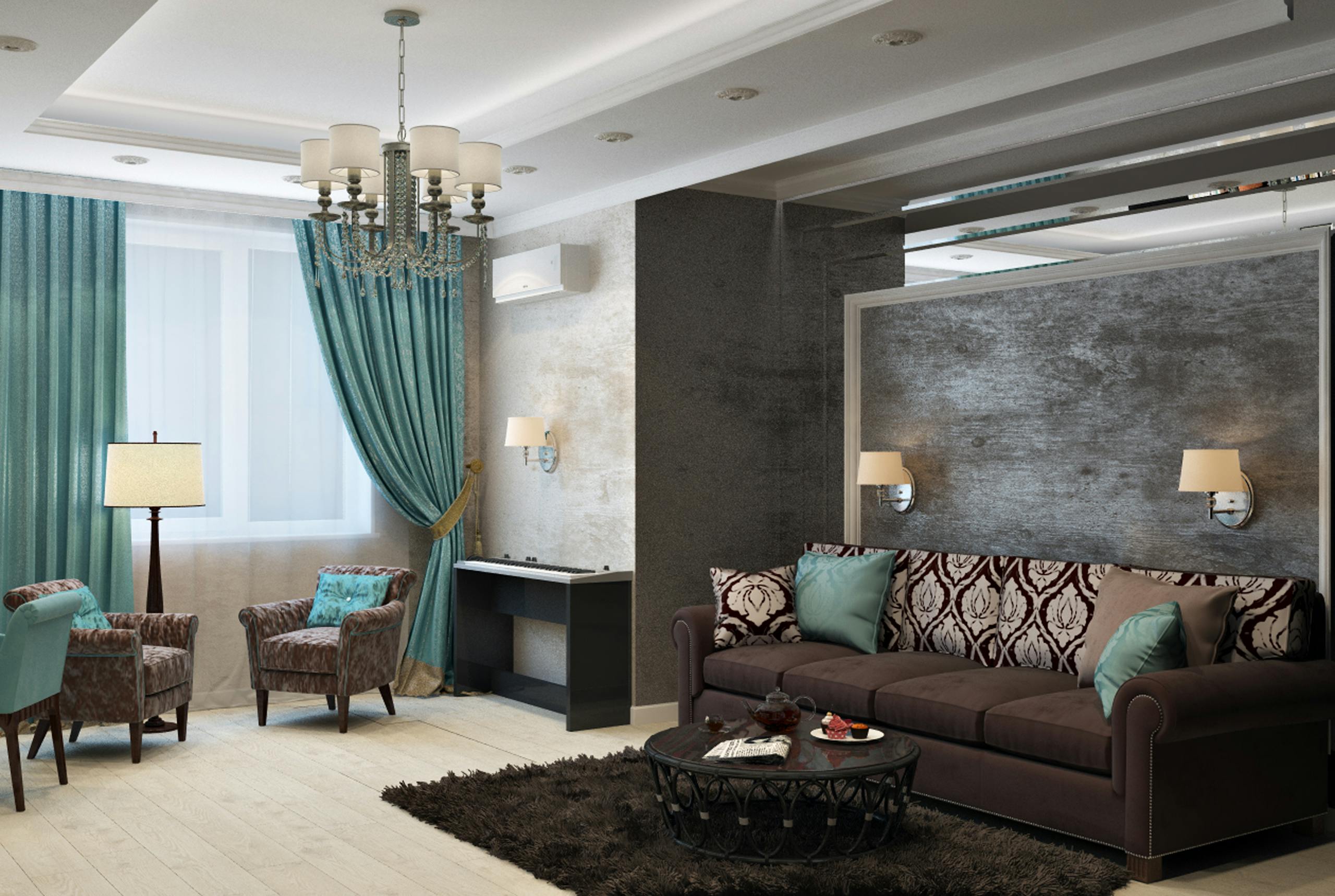 Prototipo dos Luxurious modern living room with chandelier, sofa, armchairs, and stylish decor.